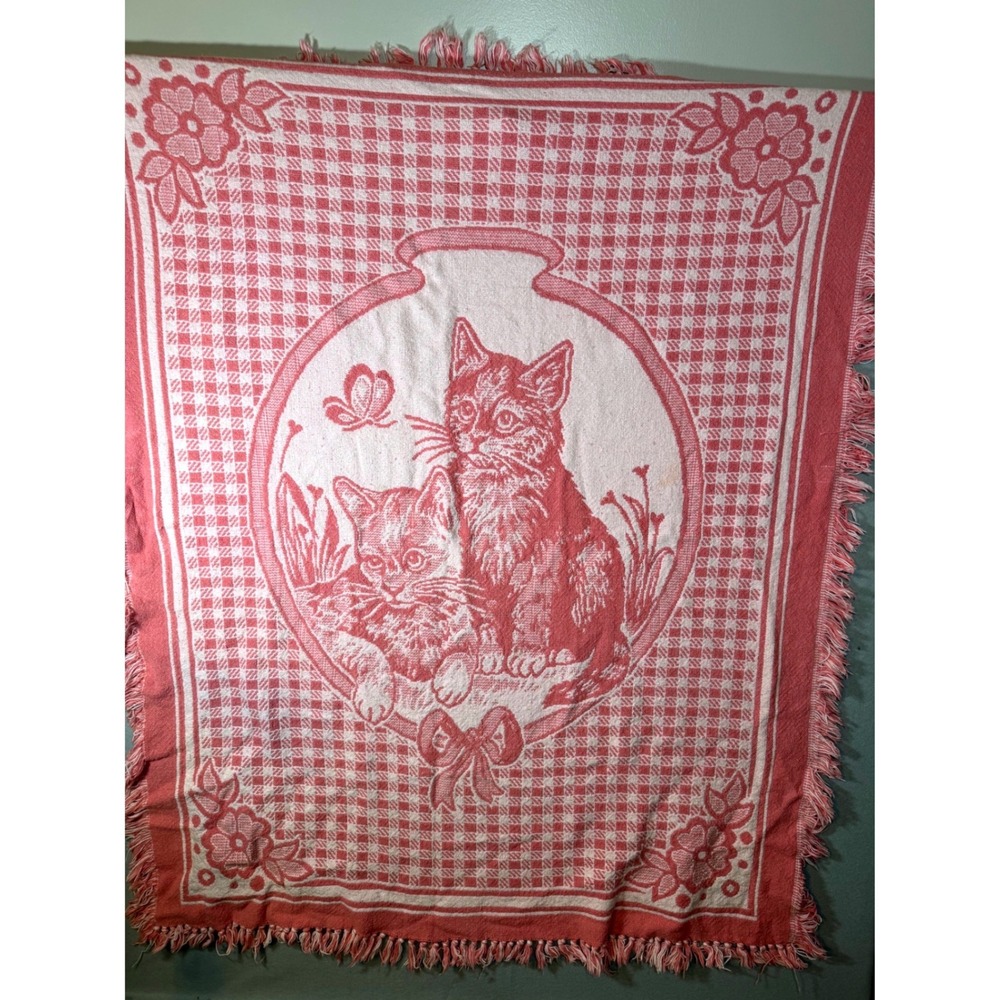 Vintage Cat Kittens Cotton Woven Throw Blanket Pink Gingham Country Chic Bow Lap